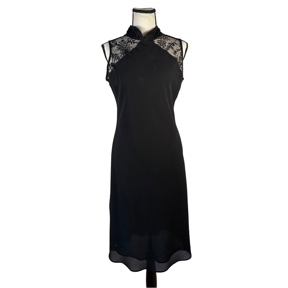 Vintage 90s Sally USA Black Lace Mandarin Collar Midi Dress | Made in USA | Size